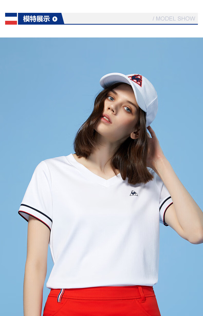 【20新品】乐卡克法国公鸡简洁时尚休闲v领短袖t恤女 白色 l