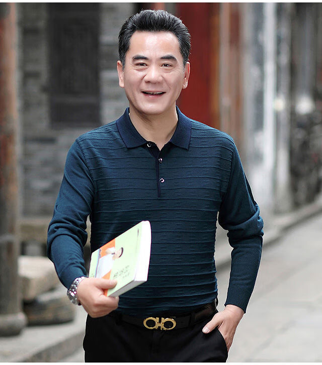 捡漏特价皇家马车中老年秋衣男翻领宽松爸爸装长袖t恤有口袋老人装