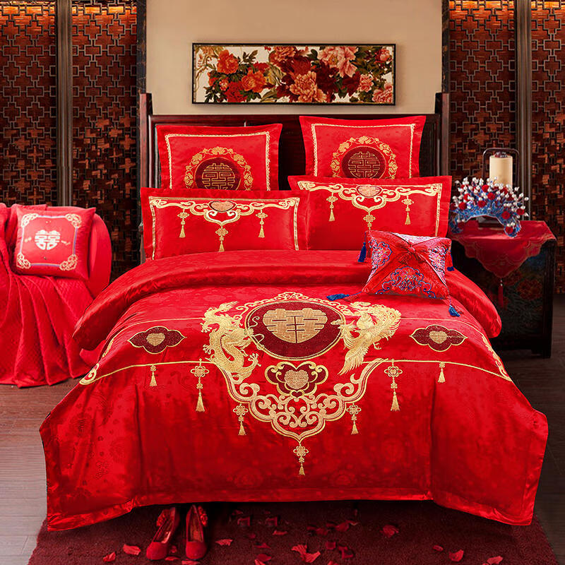 迷人居中国红红色结婚婚床被套床上用品中式龙凤喜庆喜被新婚喜事连连