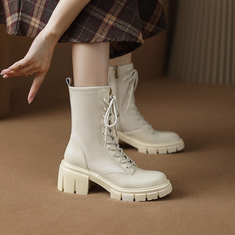 饺子兔马丁靴女粗跟短靴高跟防水台厚底系带圆头单靴软皮瘦瘦靴 黑色