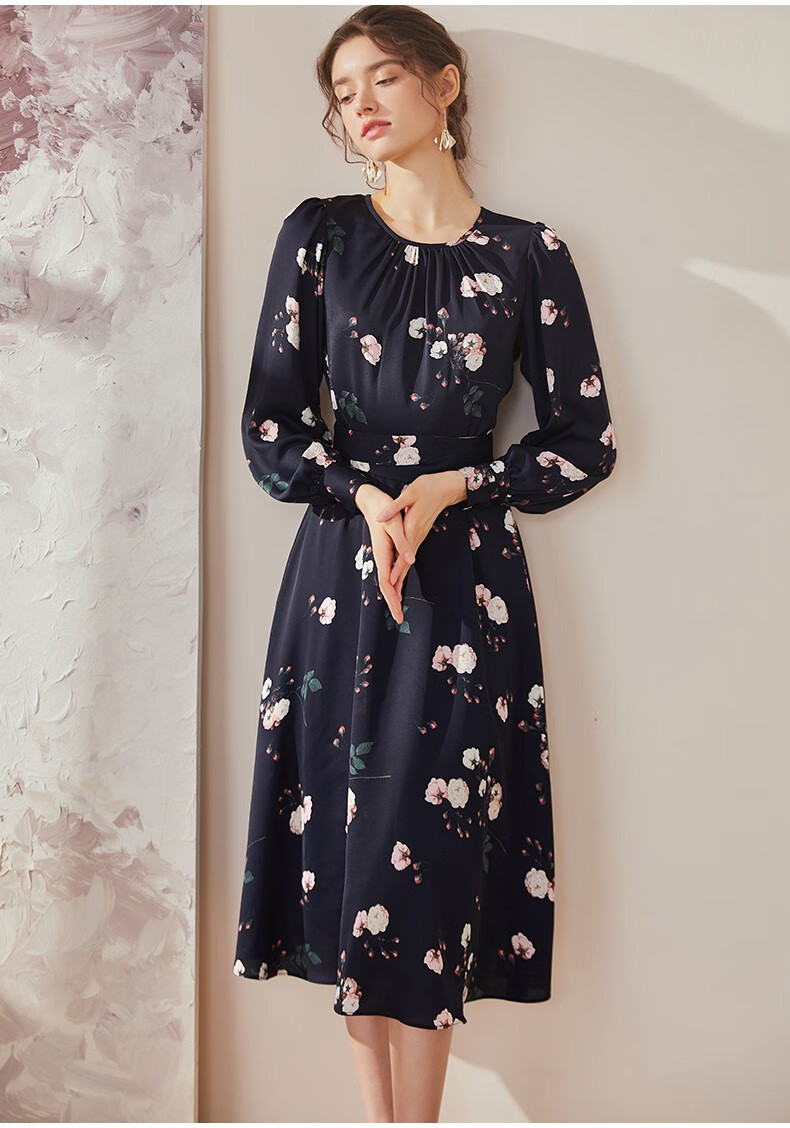 罗衣优雅大摆印花连衣裙女秋装新款花色修身长袖中长裙02914花色m