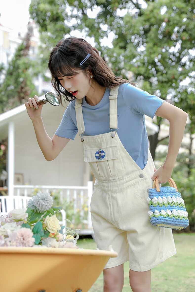 背带短裤女学生韩版宽松白色牛仔背带裤女2022夏新款刺绣五分裤甜美