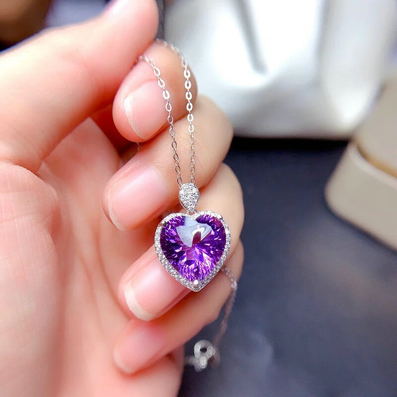 天然紫水晶爱心形吊坠女s925银项链千禧切工心形紫晶宝石锁骨链送老婆