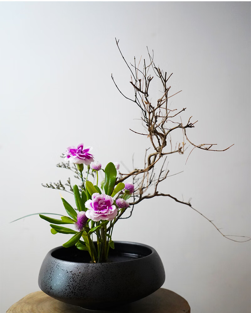剑山插花器花插日式插花底座花瓶插花黑色水墨纹陶瓷直径22cm花花盆