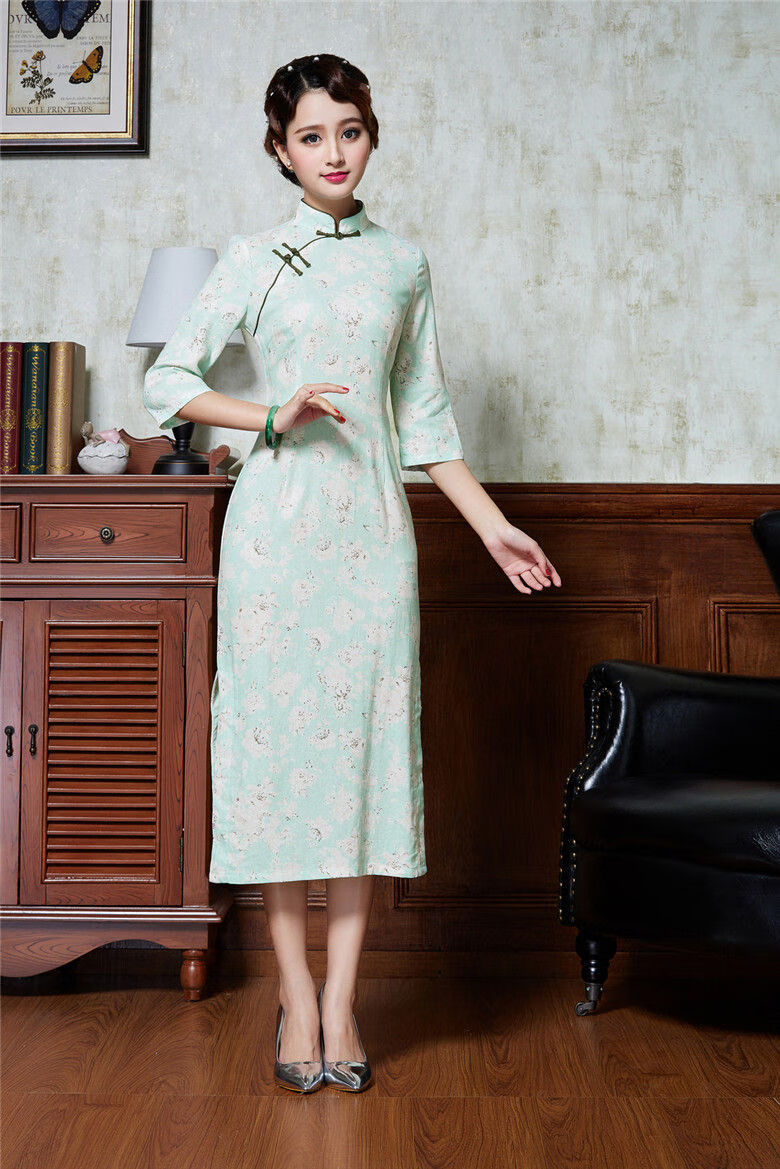 旗袍秋装2020新款复古传统亚麻中长款七分袖连衣裙棉麻演出旗袍裙 酒