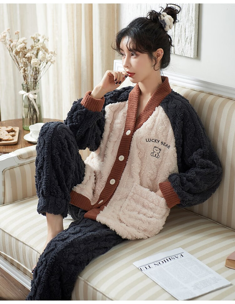 南极人珊瑚绒睡衣 睡衣女冬季珊瑚绒 加厚加绒 法兰绒冬天套装女款