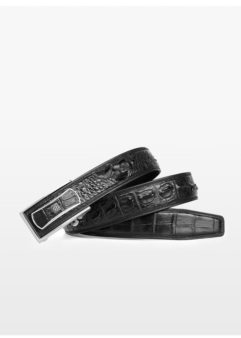 欧洛尔鳄鱼皮皮带男款真皮自动扣青年简约商务休闲百搭裤腰带黑色银扣
