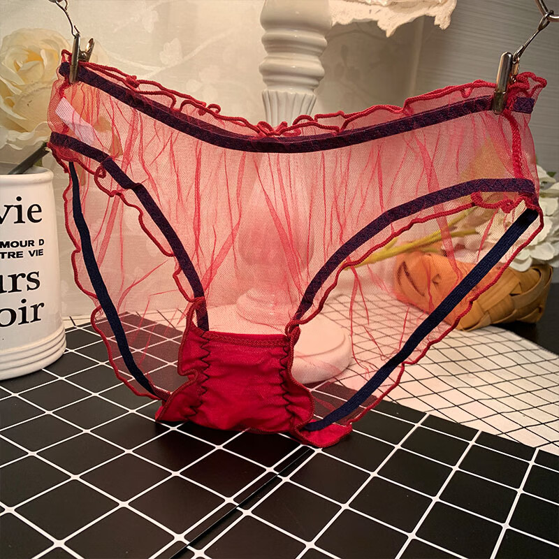 女士内裤女情趣蕾丝内衣全透明真人实拍网纱镂空性感少妇 鲜红色 均码