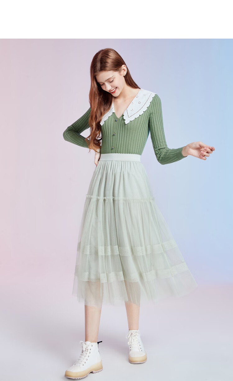 伊人半身裙秋装2020年新款女装气质淑女网纱纯色仙女半身裙女 米色 s