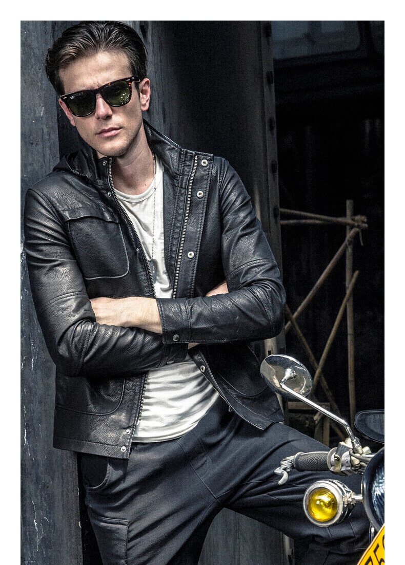 ak男装碟中谍汤姆克鲁斯同款特工连帽夹克pu皮皮衣男2004255 黑色 s