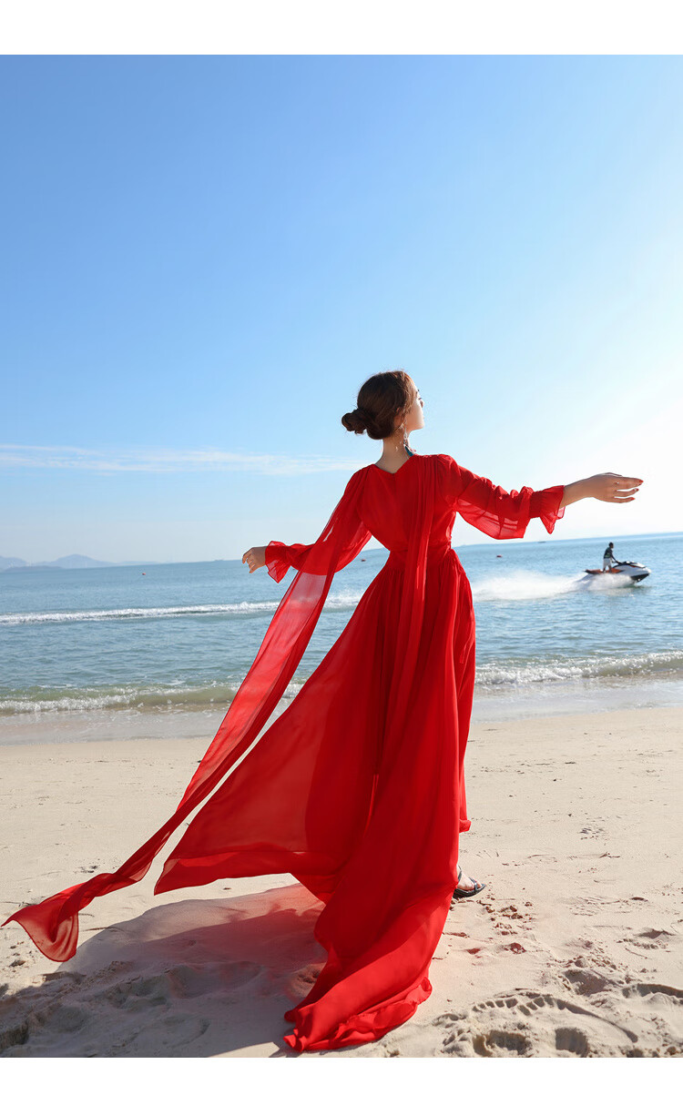 草原沙漠裙复古红色收腰连衣裙旅游拍照大摆长裙海边度假拖地沙滩裙