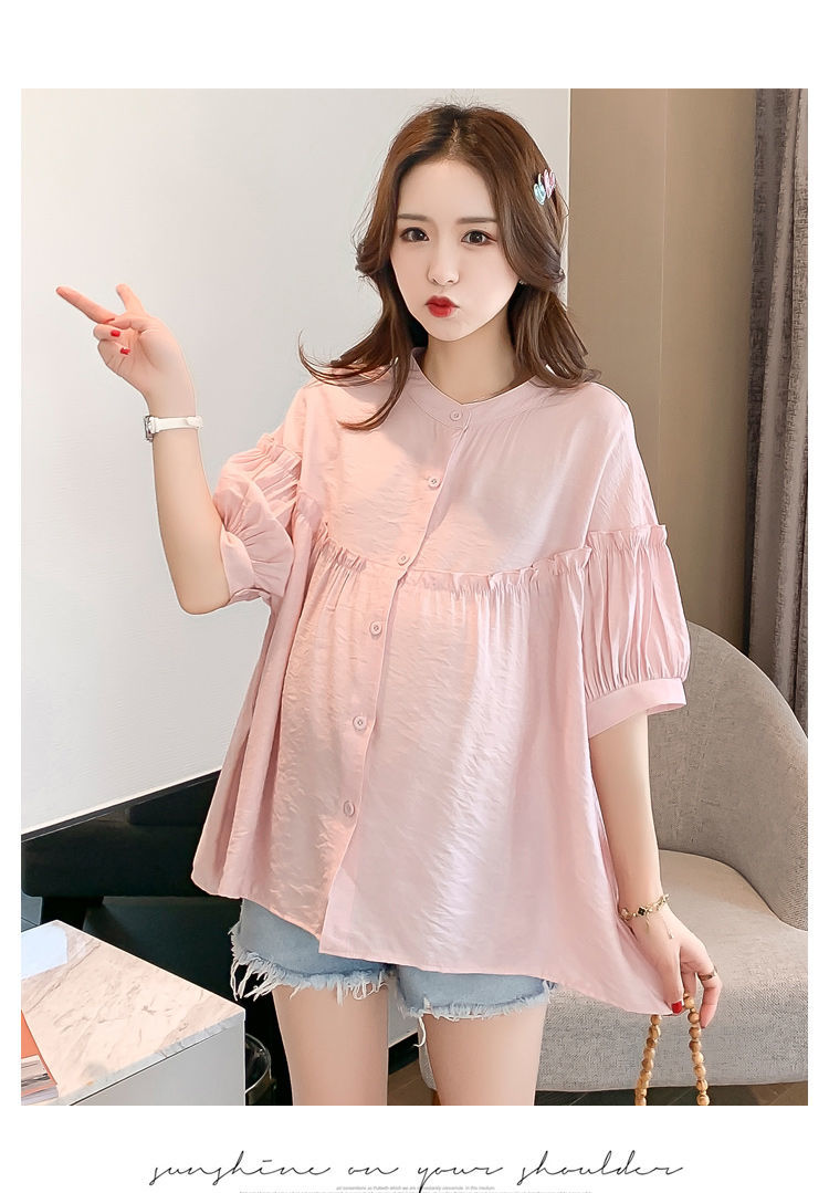 孕妇装上衣夏款韩版短袖时尚宽松纯色简约气质怀孕期潮妈上班衬衫白色