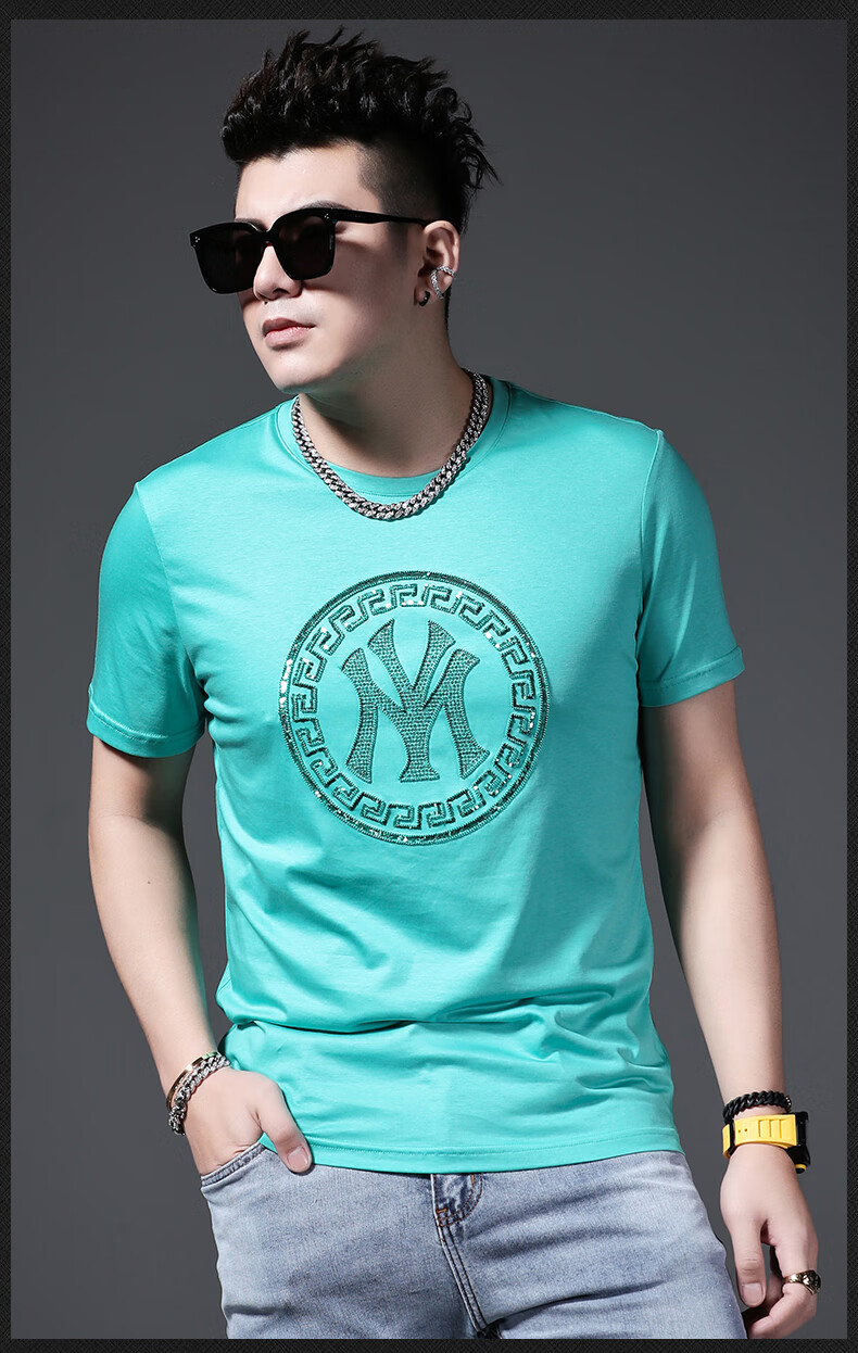 莎莱茜品牌男装 2020夏季丝光棉短袖t恤男修身圆领图案男士t恤潮牌