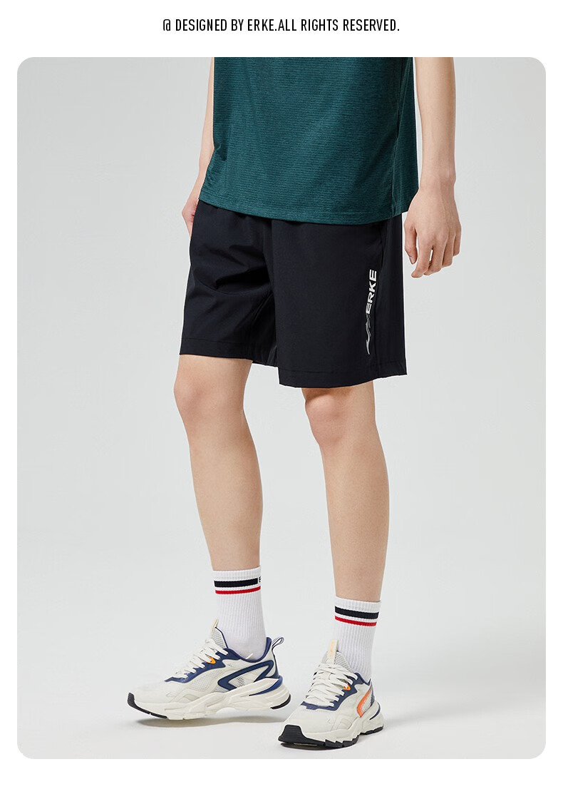 鸿星尔克短裤男速干透气运动裤跑步健身中裤运动五分裤夏季黑色裤子男