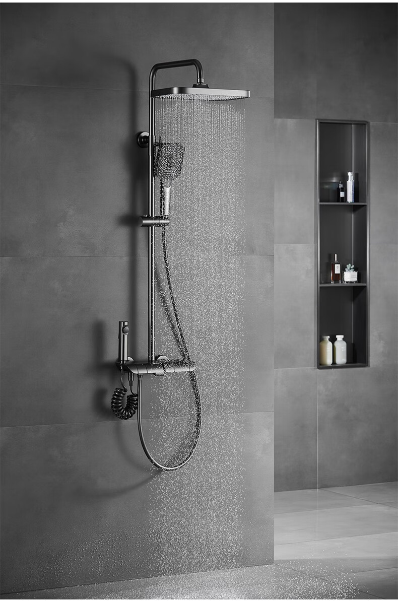 德国莫汉枪灰色淋浴花洒套装全铜拉丝恒温按键四档洗澡增压沐浴器枪