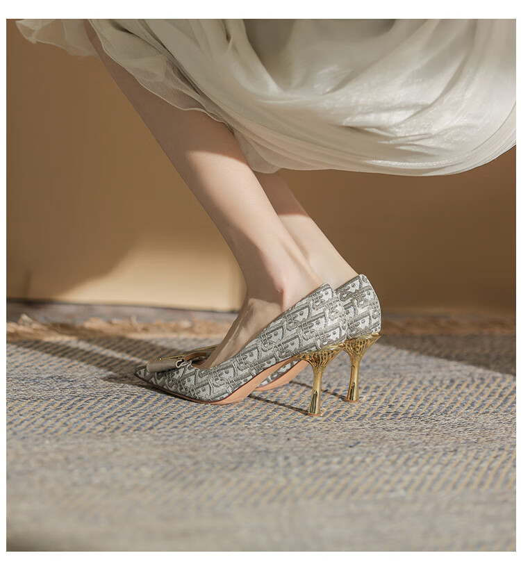 高跟鞋女2022年春季新款尖头酒杯跟水钻单鞋百搭黑色浅口女鞋灰色8cm