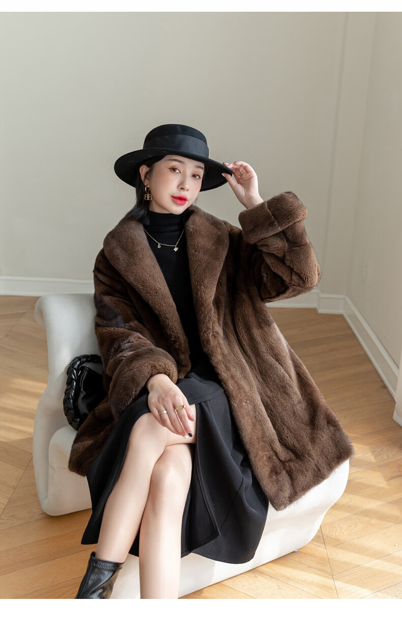 odybird品牌女装水貂皮草外套女古着风貂皮大衣整貂中长款翻领 咖啡色