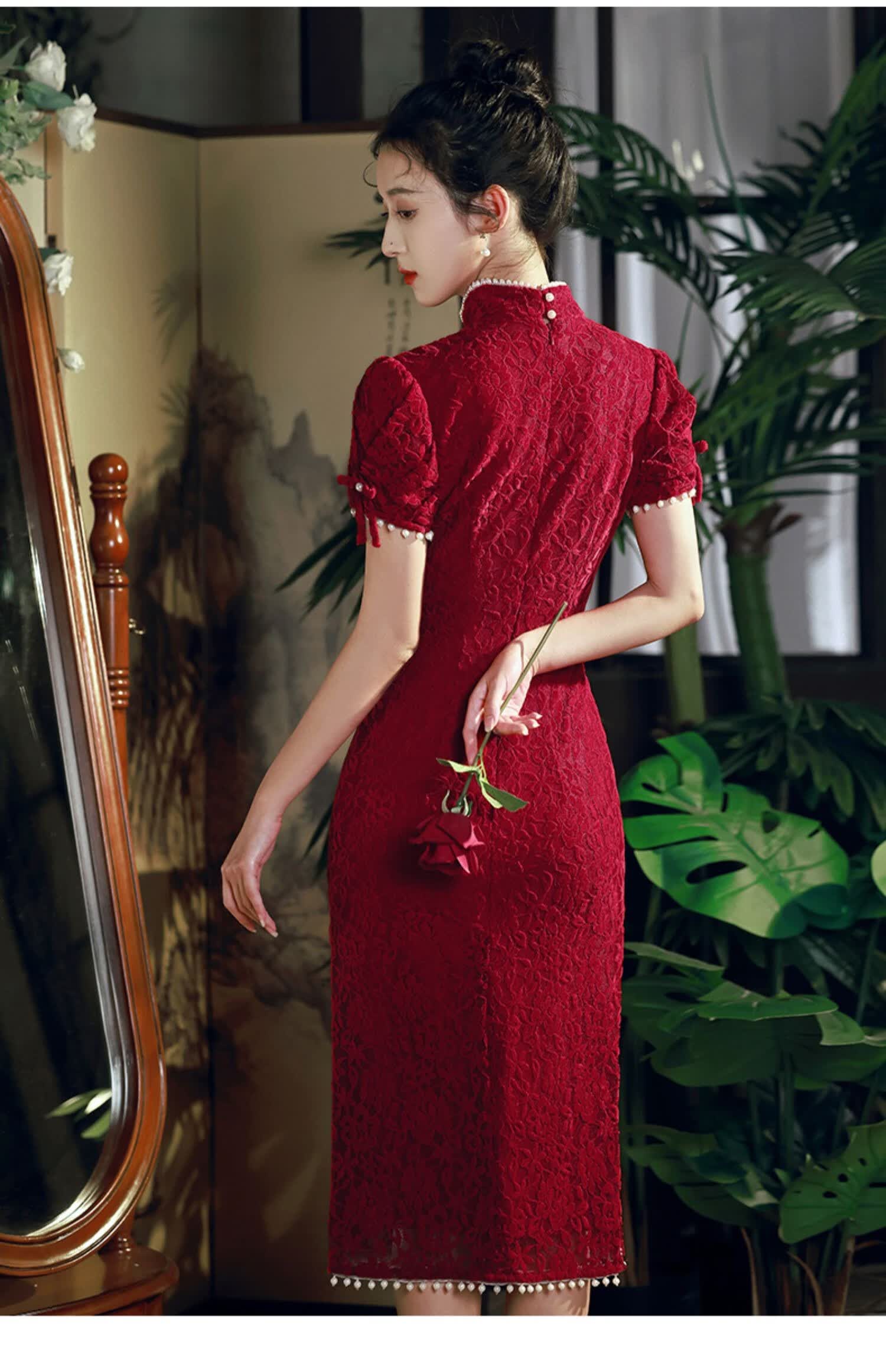 恒源祥旗袍敬酒服新娘夏季酒红色订婚礼服连衣裙小个子感结婚改良女
