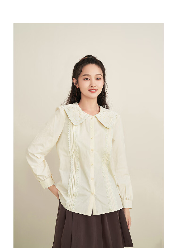茵曼娃娃领衬衫女2022春季新款甜美绣花牙签褶蕾丝百搭花边衬衣女f18