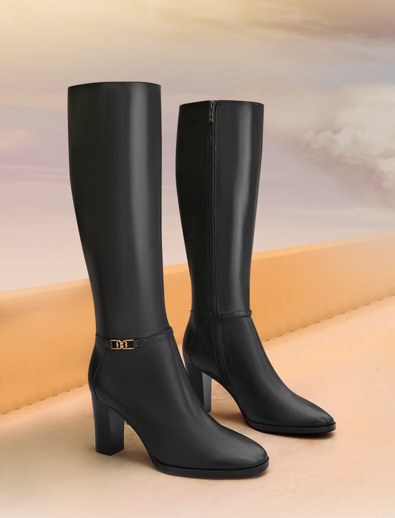 11【预售】百丽粗跟长筒靴女2021冬新商场同款牛皮革瘦瘦皮靴3uw70d