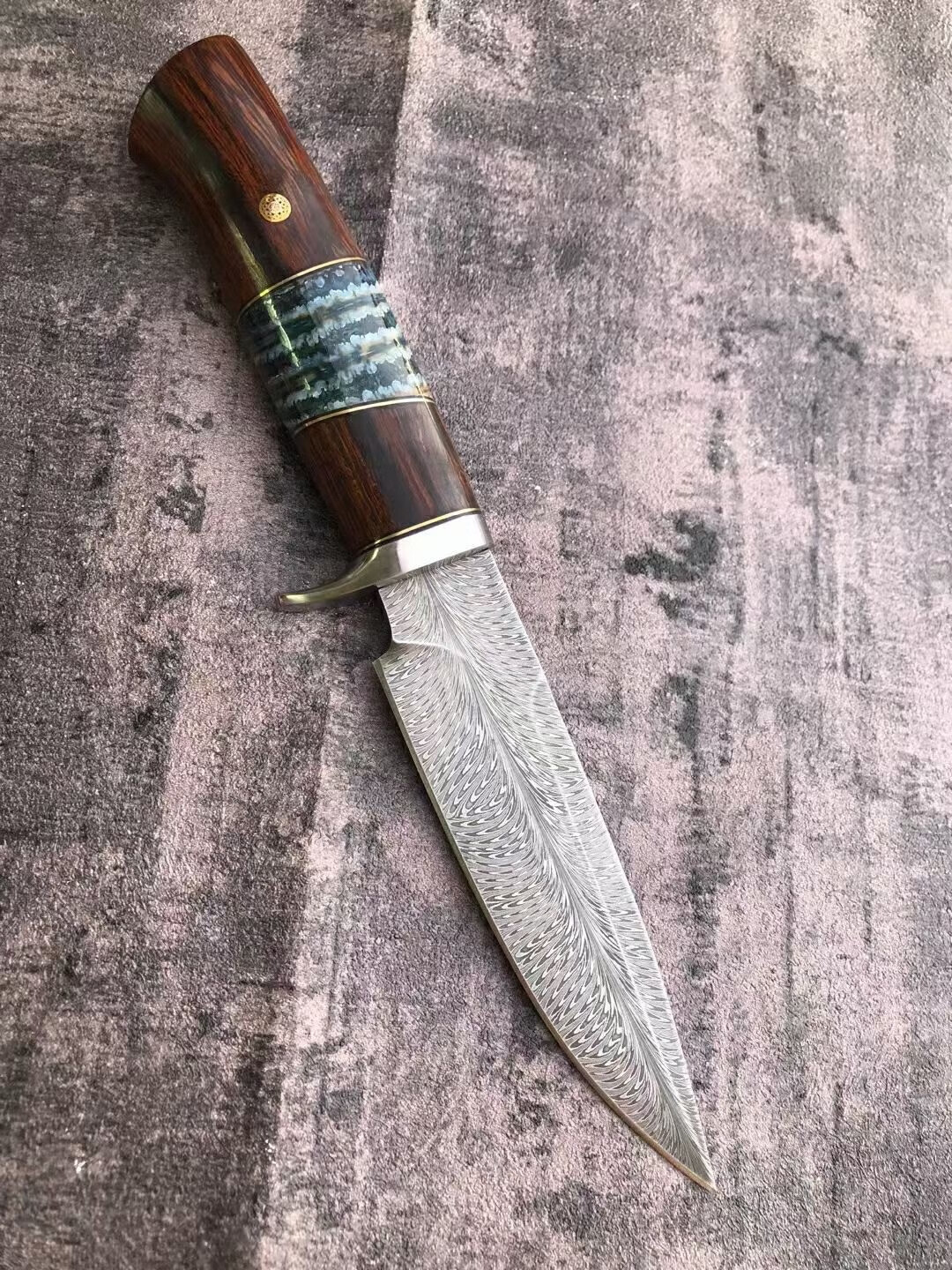 硕哥 纹直刀沙漠铁木猛犸齿牙化石组合手柄大马士革钢刀收藏送礼刀具