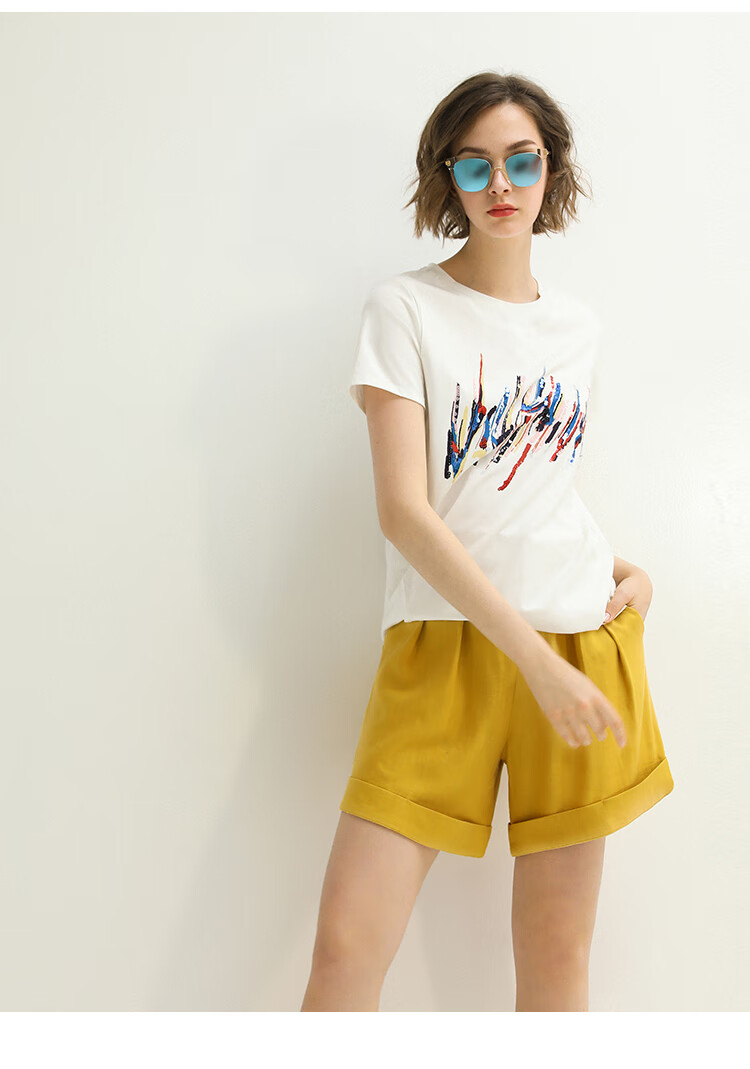 cocobella提花人字纹麦芽黄女翻折边高腰宽松舒适休闲短裤pt646麦芽黄