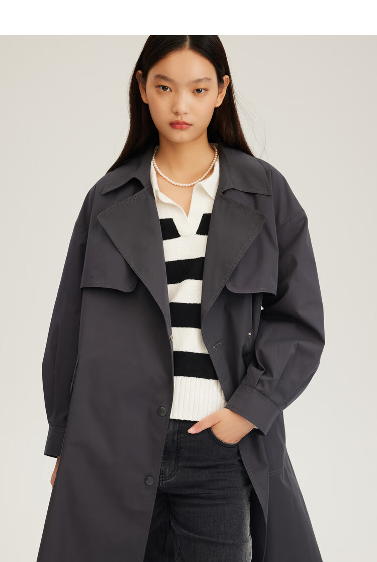 eland衣恋通勤简约风衣2022年秋季新款时尚单排扣灰色中长款风衣 灰色