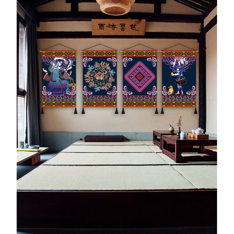 苗族文化布艺挂画少数民族风情人物民宿客栈卧室走廊墙壁装饰画i宽