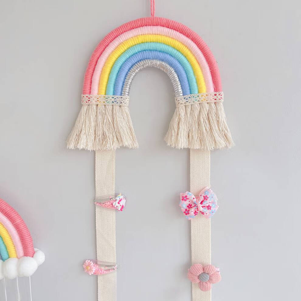 北欧风编织彩色挂毯 ins北欧风编织彩色彩虹木环挂毯壁挂苗圃壁饰墙壁