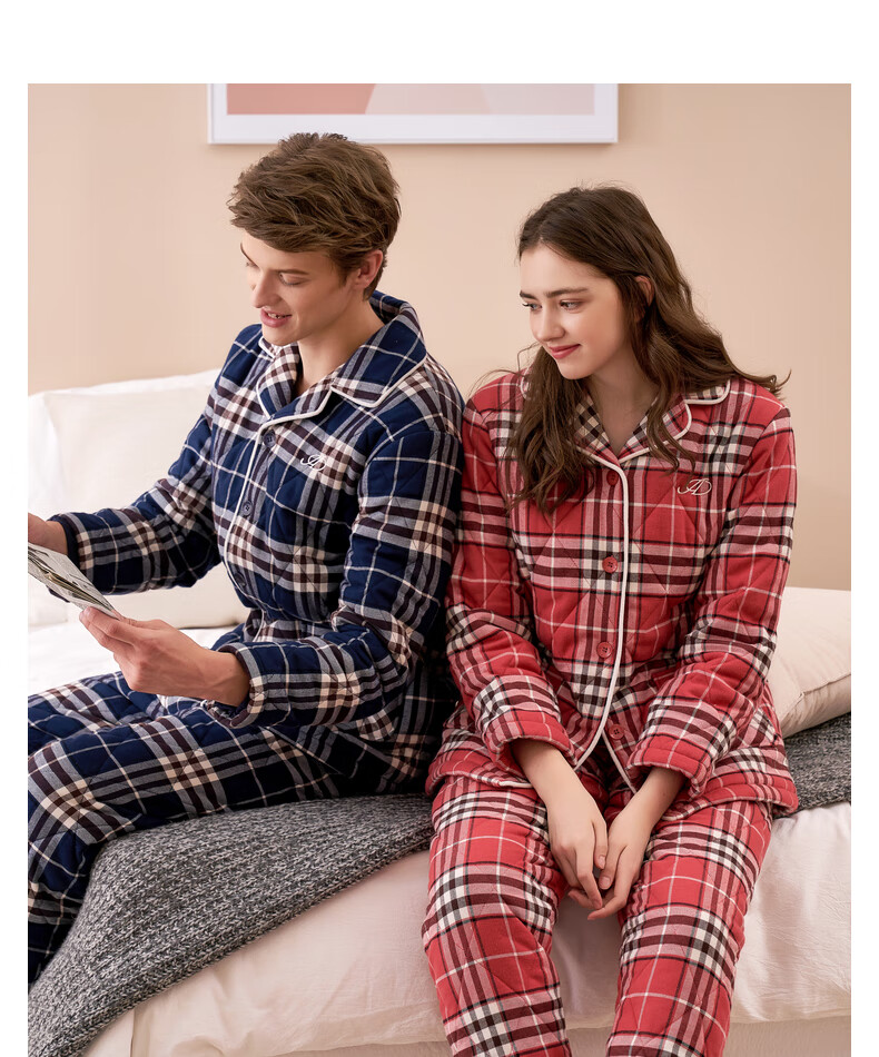 秋鹿情侣睡衣女士秋冬季纯棉加厚三层夹棉保暖男士格子家居服西瓜红女
