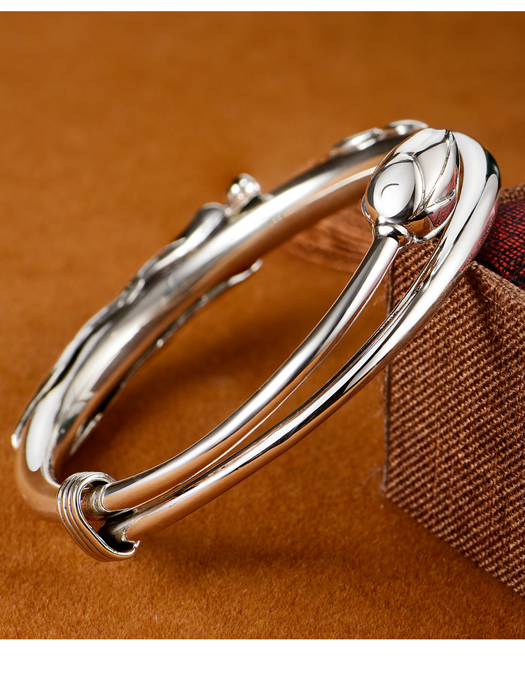 姿百丽银9999莲花手镯推拉设计圈口可调节银手环荷花足银手镯9999银