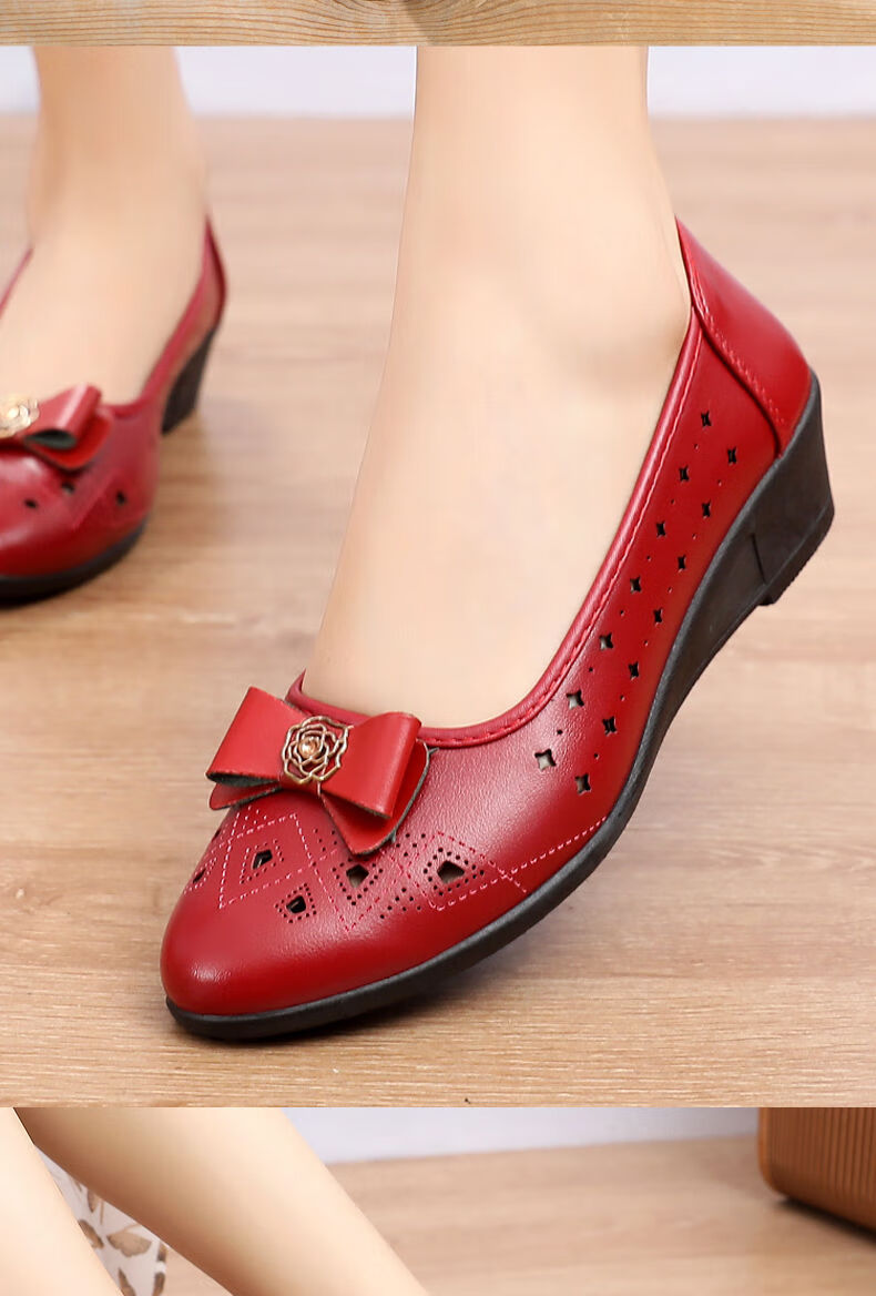 软皮单鞋女妈妈鞋老北京布鞋中老年皮鞋凉鞋女坡跟奶奶鞋工作鞋子