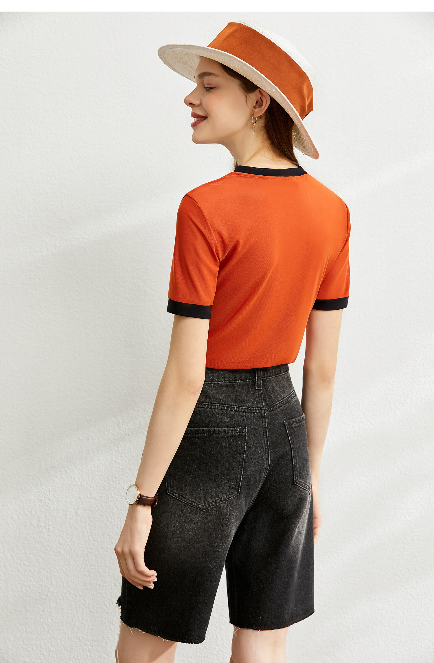 amii极简撞色圆领短袖微透视网纱t恤2020夏季新款修身显瘦上衣女 琥珀