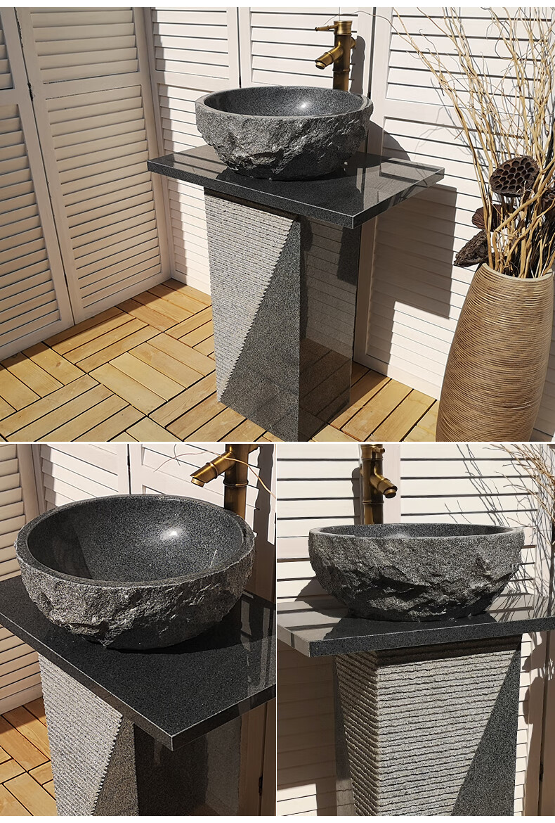 适用石头立柱盆户外洗手盆庭院石材立柱式洗脸盆别墅落地室外水池家用