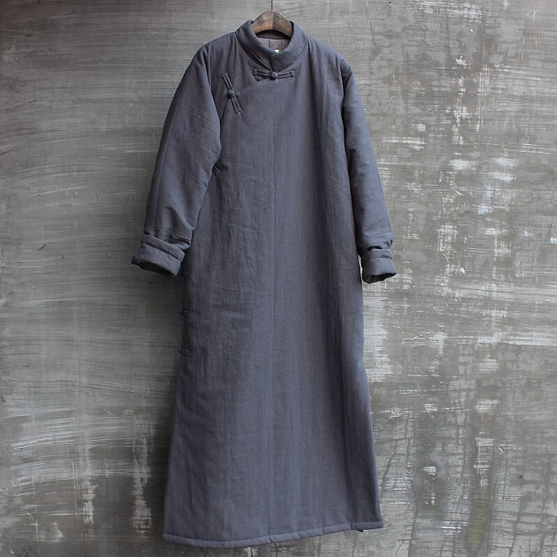 冬亚麻棉袍男立领棉衣中国风大码棉袄长款唐装盘扣大襟斜襟民国 黑色