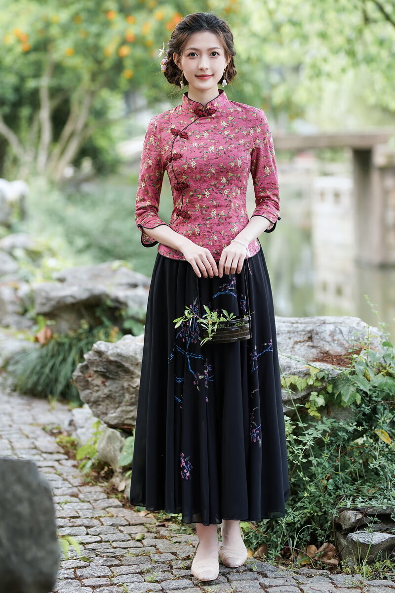 绮琪行民国风女装唐装套装中国风夏季复古汉服改良旗袍上衣中式棉麻茶