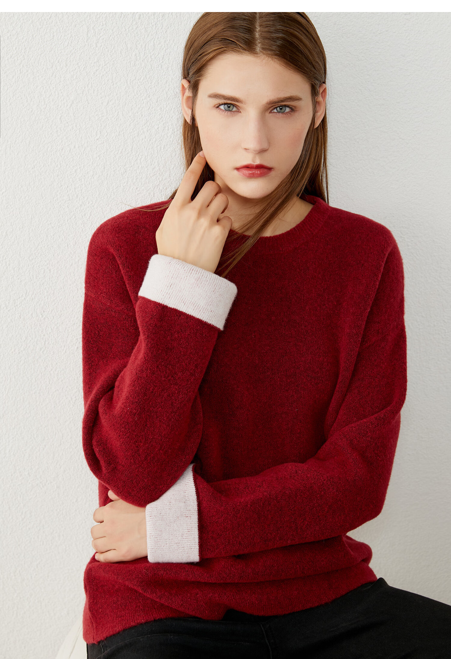 amii极简宽松落肩袖套头毛衣秋新款撞色袖口水溶纱上装 波尔多红 170/