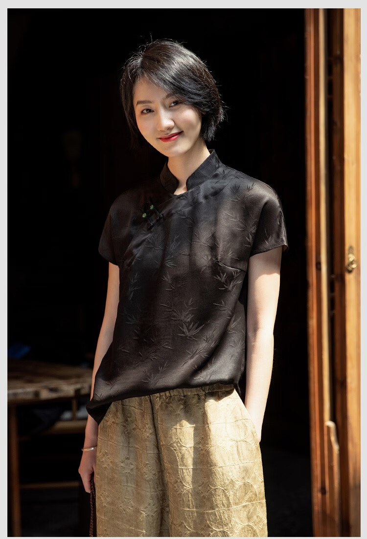 菲伊唐真丝香云纱莨绸中式复古短款旗袍上衣夏款立领一字扣唐装女单