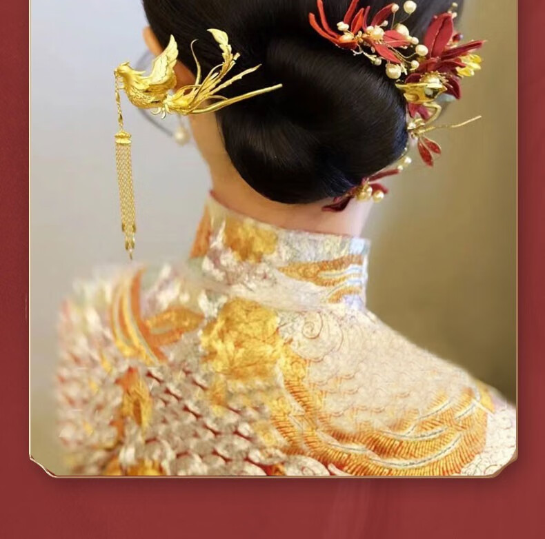 玺阅珠宝黄金头饰凤凰发簪婚嫁凤钗流苏金步摇凤求凰足金999结婚凤钗
