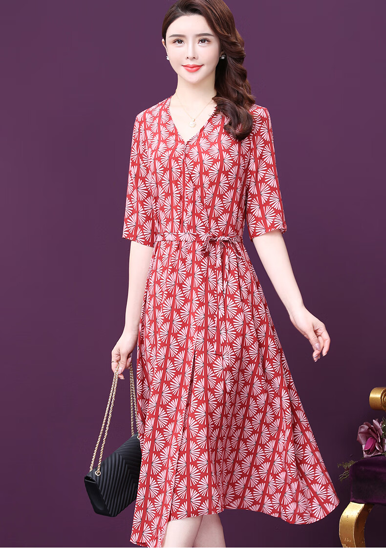 王小鸭真丝连衣裙女2021新款夏气质v领垂感修身年轻款桔梗a裙红色2xl