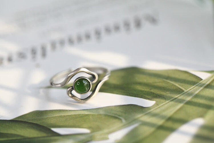 流云足银饰品手工民族风碧玉开口设计师女款古着开口个性戒指碧玉款