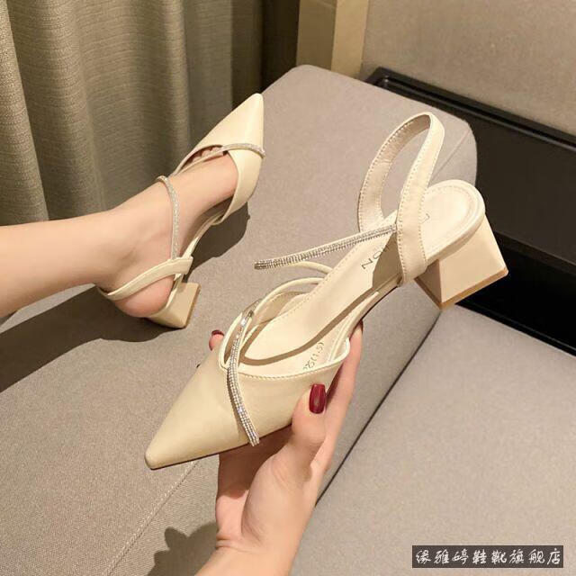 隽赫不露脚趾凉鞋女式包脚趾头的凉鞋不漏脚趾粗跟包头新款高跟鞋水钻