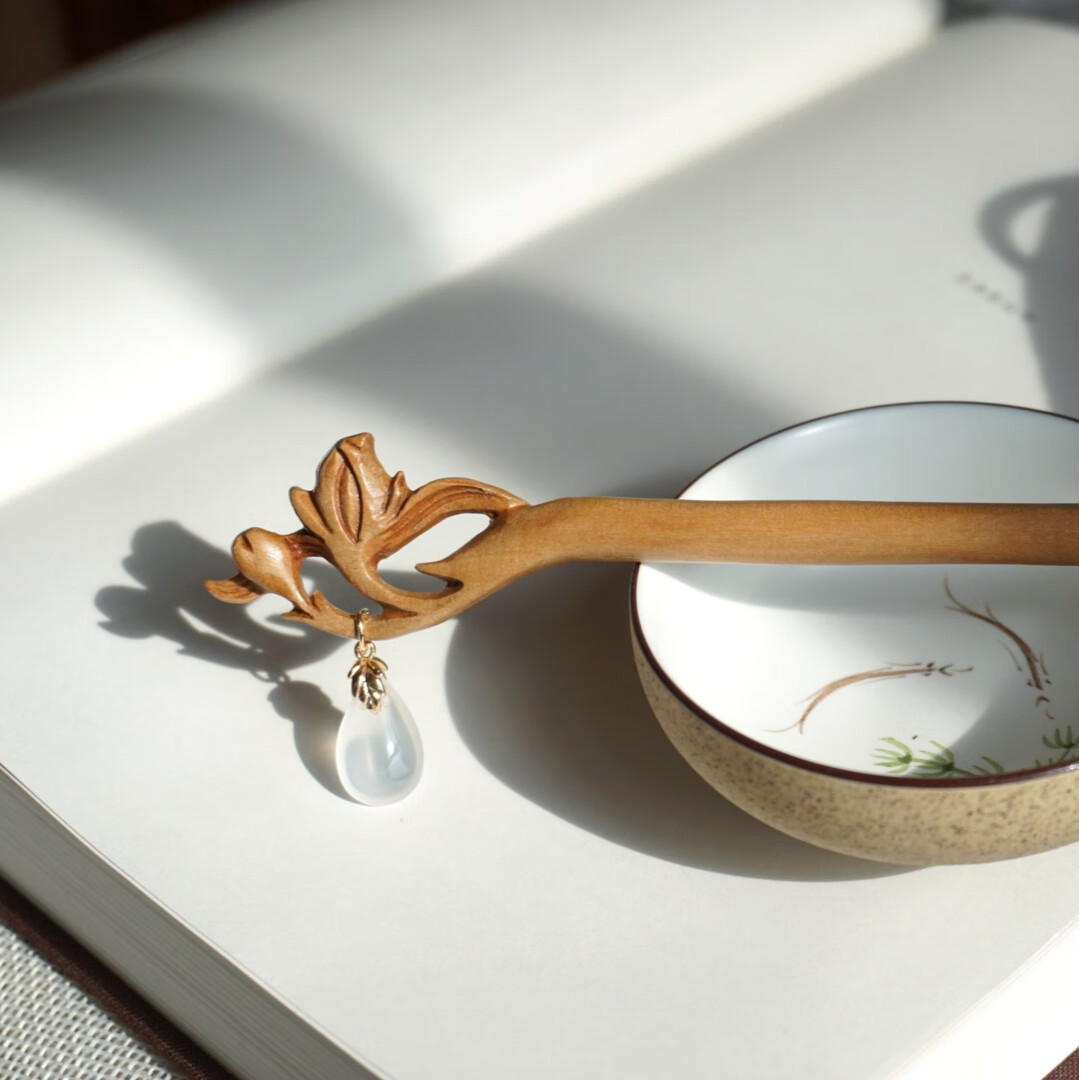 兰花枝盘发簪子桃木玛瑙流苏钗复古风简约发饰 发簪一支 礼盒包装