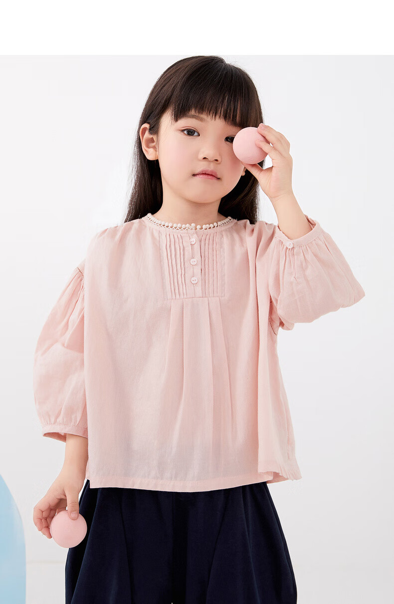马拉丁童装女大童衬衫夏装新款休闲百搭套头白色短袖衬衫灰粉红120cm