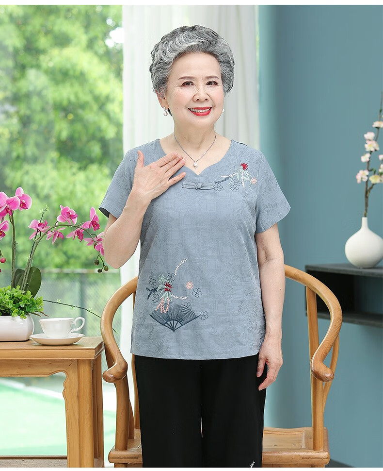 荨积老年人棉麻套装女奶奶装夏装短袖t恤老太太妈妈装两件套老人衣服