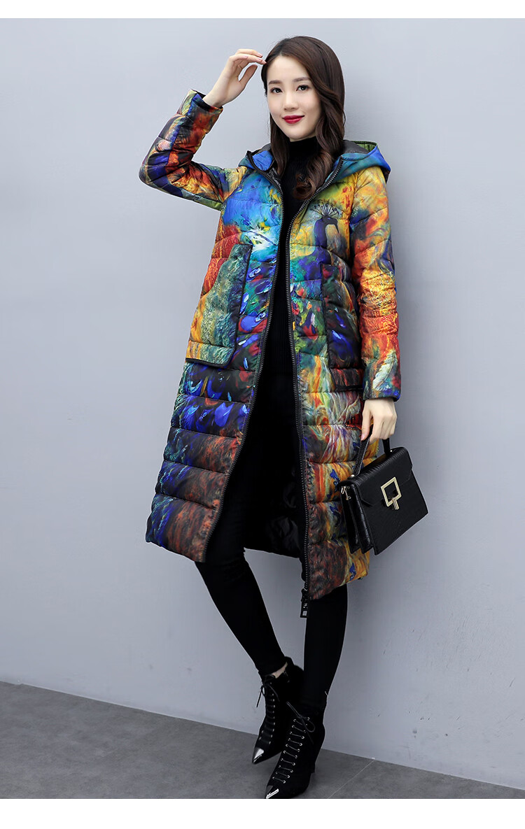 衣美藏青韩版轻薄女中长款秋冬装过膝花色妈妈外套潮黑色花m