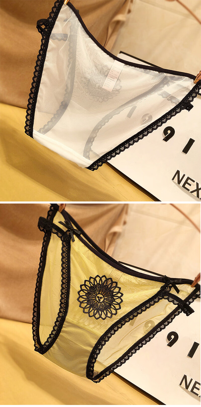 日系甜美细带时尚高开叉透气网纱无痕三角裤中低腰刺绣蕾丝内裤女