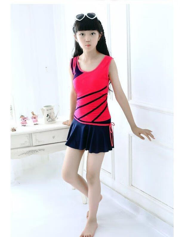 女孩中大童少女裙式平角泳装女童学生游泳衣温泉8721分体藏蓝m7085斤