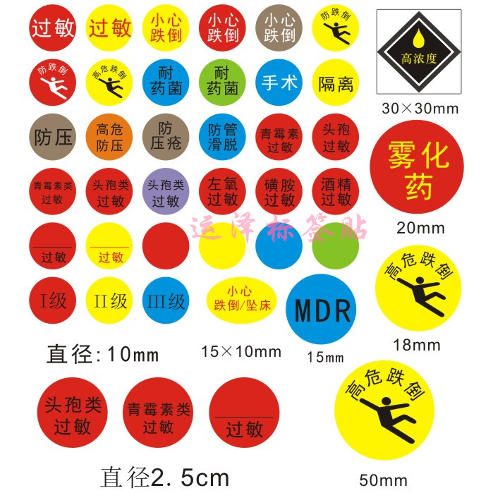 小心跌倒墜床過敏防壓隔離手腕帶圓貼紙1cm 標籤護理標識 藍色空白