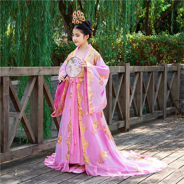 儿童皇后古装女童拖尾贵妃公主宫廷服装古代衣服仙女走秀演出汉服粉红
